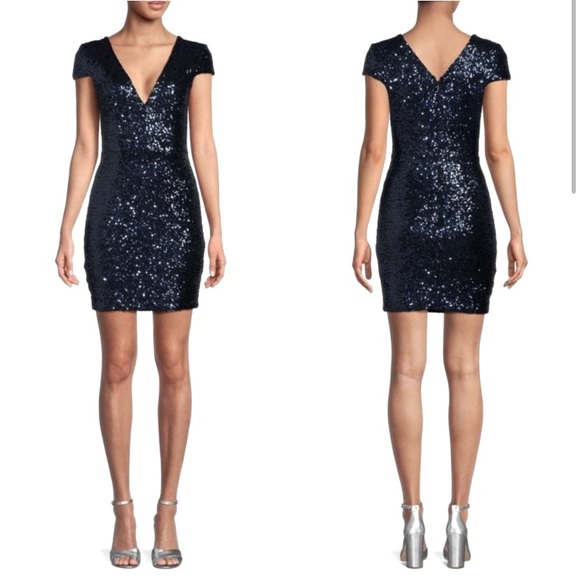 NWT Dress the Population Zoe Cap Sleeve Plunging Sequin Mini Dress black L - Picture 3 of 9